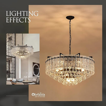 29.2" 16-Light Modern Glass Chandelier Light Fixtures Large Black 4-Tier Crystal Beads Chandeliers for Dining Room Round Hanging Ceiling Pendant Lighting for Bedroom Entryway Foyer Stairway
