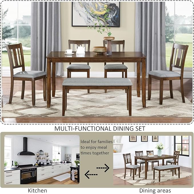 6-Piece Wooden Dining Table Set with 4 Upholstered Chairs and 1 Bench, Rectangular Kitchen Table Set for 7 People, Modern Dining Room Table for Kitchen and Dining, Walnut