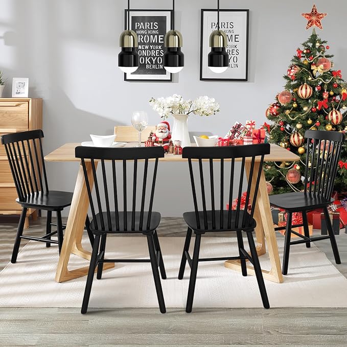 ClinQ Windsor Dining Chair Set of 4, Spindle Back Wooden Chairs for Kitchen and Dining Room, Farmhouse Country Wooden Dining Chairs for Dining Living Room, Farmhouse Restaurant, Black