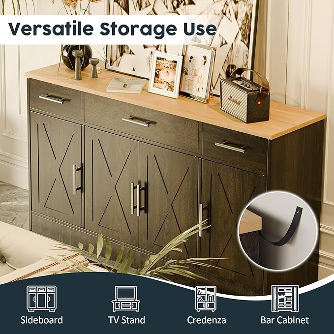 SUNLEI Kitchen Buffet Sideboard Cabinet, Farmhouse Storage Cabinet with 4 Doors and 3 Drawers, Wooden Base Cabinet with Adjustable Shelf for Living Room, Brown