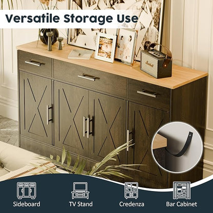 SUNLEI Kitchen Buffet Sideboard Cabinet, Farmhouse Storage Cabinet with 4 Doors and 3 Drawers, Wooden Base Cabinet with Adjustable Shelf for Living Room, Brown