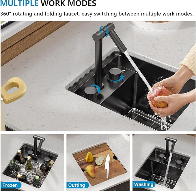 13"x15" Undermount RV Kitchen Sink Workstation – Gunmetal Black NANO-PVD, 16 Gauge 304 Stainless Steel, Single Bowl Basin with Foldable Faucet for Mobile Home, Wet Bar, Outdoor RV Kitchen