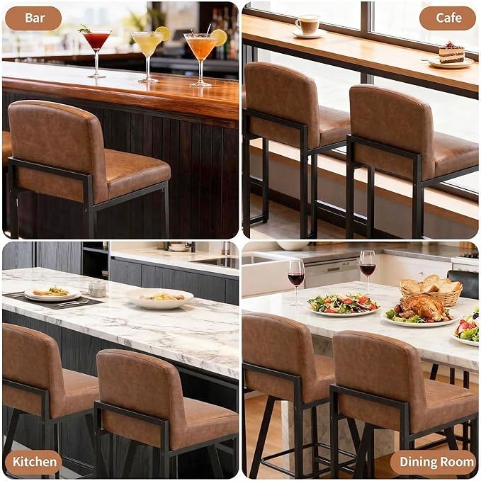 GarveeHome Bar Stools Set of 2, Modern Counter Height Bar Stools with Back and Footrest, Faux Leather Upholstered Barstools Chairs for Kitchen Island Dining Room Bar, Brown
