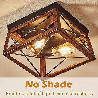 Pia Ricco Farmhouse Flush Mount Ceiling Light Fixture, Outdoor Porch Ceiling Lights, Rustic Industrial Style Square Close to Ceiling Light for Entry, Hallway, Kitchen, Patio, 2-Light, Brown