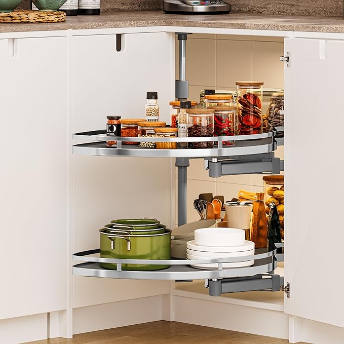 DWVO Corner Cabinet Organizer, 2-Tier Blind Corner Pull Out with 270° Rotating Shelf, Right Swing Tray, Heavy-Duty Iron, Easy-Install Template, 32.7"x17.3"x21.3", Gray