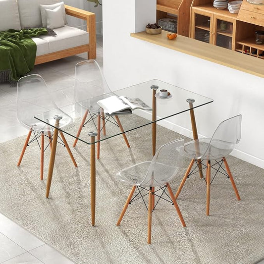 Giantex 5-Piece Dining Table Set, Modern Dinette Set of 5, 51" L X 27.5" W Table & Chair Set for 5, Rectangular Glass Dining Table & 4 Transparent Chairs for Dining Room, Kitchen, Living Room