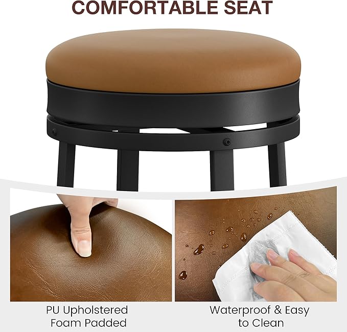 IDEALHOUSE 24'' Swivel Bar Stools Set of 4 with Footrest, Modern Counter Height Barstools with PU Leather Upholstered and Metal Frame, Backless Round Bar Stools for Kitchen Island, Brown