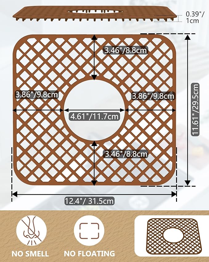2 Pack Silicone Sink Protector for Kitchen Sink, Trellis Pattern 12 x 11" Sink Grid Mat Silicone Protectors, Center Drain, Coffee