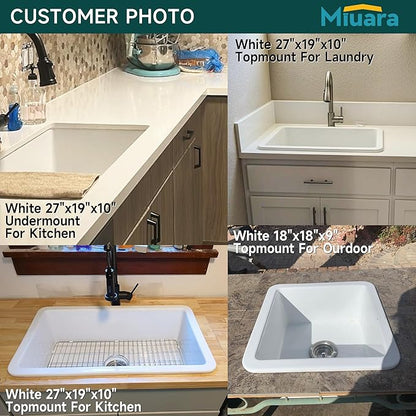 Miuara White Undermount Kitchen Sink 27 Inch - Topmount Fireclay Drop In Sink 27"x19"x10", Dual Mount Heavy Duty Deep Single Bowl, w 2 Accessories, Glossy White, for Kitchen & Laundry & Small Space