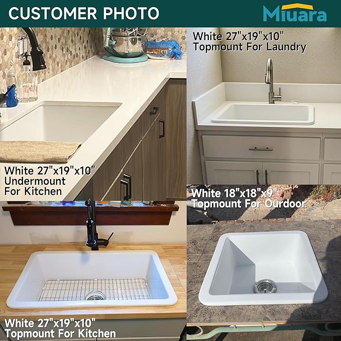 Miuara White Undermount Bar Sink 18 Inch - Small Topmount Kitchen Sink Drop In 18”x18”x9”, Dual Mount Single Bowl, Heavy Duty Solid Fireclay, w 2 Accessories, for Kitchen, Laundry, Powder, Outdoor