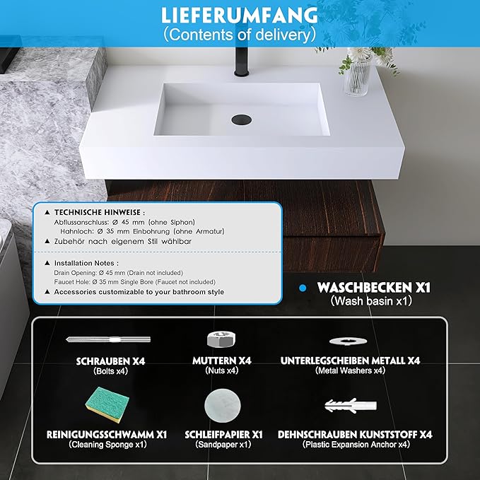 35'' Wall Mount Sink Matte Bathroom Vanity Vessel Sinks Artificial Stone Rectanglee Indoor Outdoors Modern Floating or Countertop Freestanding Wall Hang Sink Bowl (single Holes 35'')