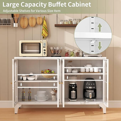 Foreate Sideboard Buffet Cabinet with Glass Door & LED Light, 53.2" Large Buffet Cabinet with Storage & Adjustable Shelf, Farmhouse Sideboard Credenzas Metal Kitchen Buffet, White