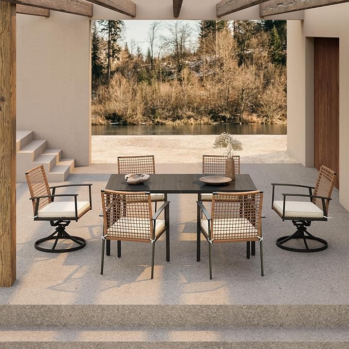 LAUSAINT HOME 7 Pieces Patio Dining Set, Outdoor Furniture Set of 6 Wicker Chairs (2 of Them Swivel) with Soft Cushion and Iron Slats Table Top with Umbrella Hole, Conversation Set for Backyard