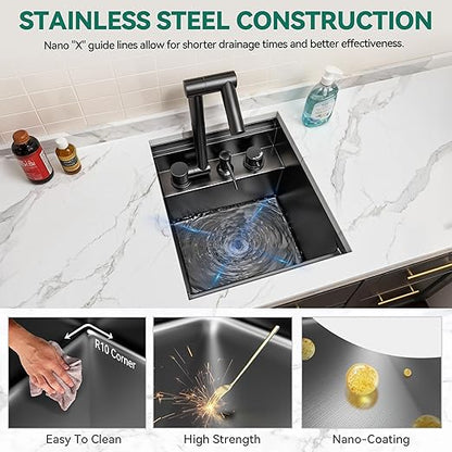 YITAHOME RV Kitchen Black Sink 13 x 15 x 9 Inch, Undermount Gunmetal Black Stainless Steel Single Bowl Small Sink with Swivel Spout, Cutting Board, Soap Dispenser