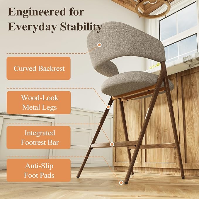 COLAMY Bar Stools Set of 6, Counter Height Bar Stools with Back, Modern Upholstered Island Stools with Metal Legs for Kitchen Island, Counter, Dining Room,Taupe