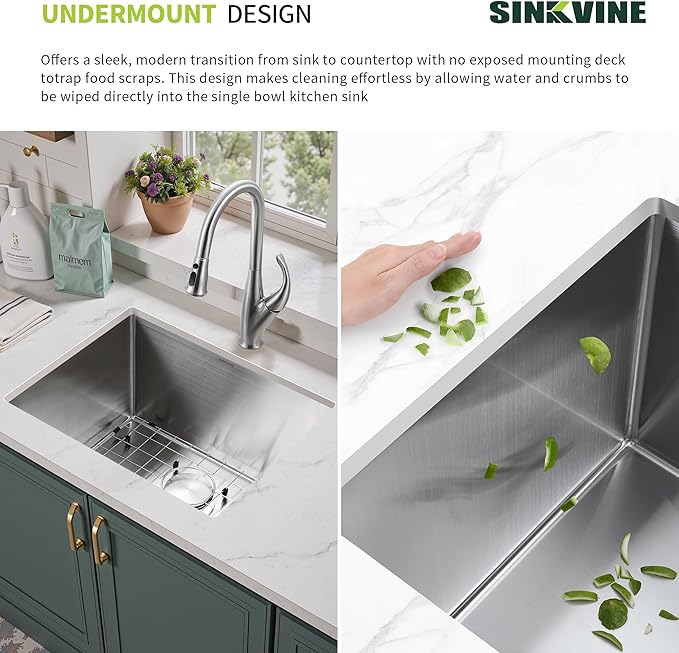 21-Inch Undermount Kitchen Bar Sink, SINKVINE Stainless Steel Wet Bar Sink Single Bowl for Outdoor, RV, Laundry, with Drain Strainer, Bottom Grid Protector, Roll-up Drying Unit, 21" x 18" x 10"