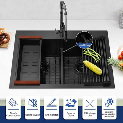 MILOSEN 33''x22''Black Double Bowl Kitchen Sink, 50/50 T304 Stainless Steel Drop in Kitchen Sinks, Topmount Large and Deep Workstation Sink, Handmade Low-Divide Double Basin with Custom Accessories