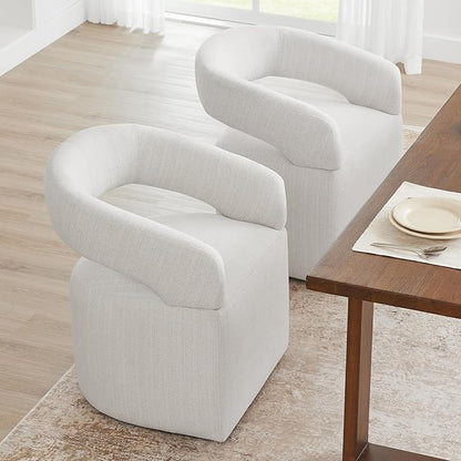 KISLOT Upholstered Dining Chairs with Casters, Modern Barrel Side Armchair with Rollers for Dining Room, Bedroom, Kitchen, Reading Room, Linen Fabric, Set of 2