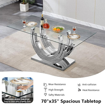 70" Glass Dining Table for 6-8, Modern Dining Room Table with 0.39" Tempered Glass Top and Three U-Shaped Silver Stainless Steel Base, Rectangle Kitchen Dinner Table for Dining Room