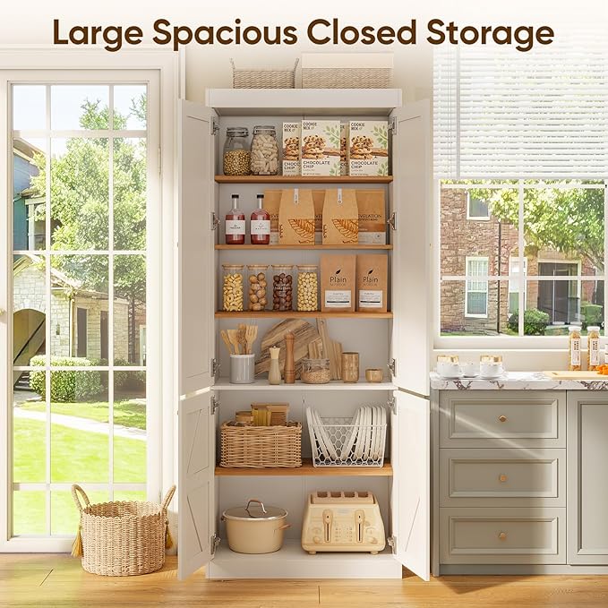 70.8" Tall Farmhouse Kitchen Pantry Cabinet with Doors, Modular Storage Cabinet with 4-Tier Adjustable Shelves, Wooden Hutch for Kitchen or Living Room, Set of 2, White