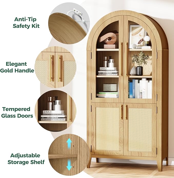 63" Arched Storage Cabinet, 5-Tier Modern Arched Cabinet with Glass Doors, Tall Arched Cabinet Adjustable for Living Room, Dining Room Office,Oak