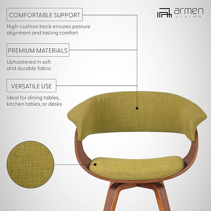 Armen Living Summer Modern Chair in Green Fabric and Walnut Wood - Set of 4