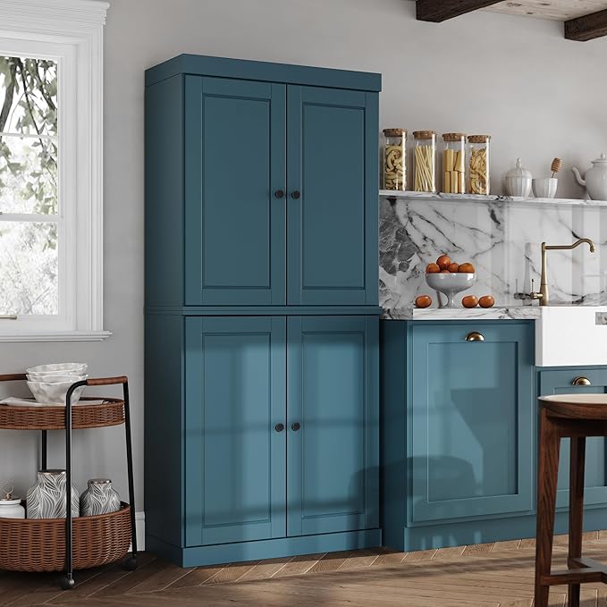 Palace Imports Solid Kitchen Pantry Cabinet - 71.5" h x 32" Tall Storage Cabinet - Teal Blue, Adjustable Shelves & 2-Drawer Kit, 100% Renewable Eco-Friendly Wood, Made in Brazil