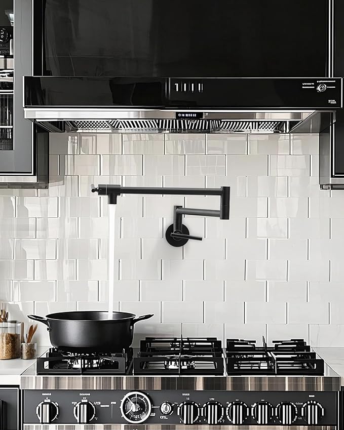 Fransiton Matte Black Pot Filler, Pot Filler Faucet Wall Mount, Brass Folding Stretchable with Double Joint Swing Arm Single Hole Two Handles Kitchen