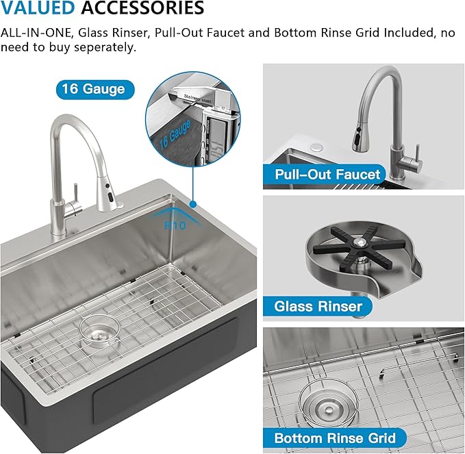 28"x22" Drop In Kitchen Sink Ledge Workstation – 16 Gauge 304 Stainless Steel Top Mount Overmount Single Bowl Sink Basin with Faucet Combo & Glass Rinser