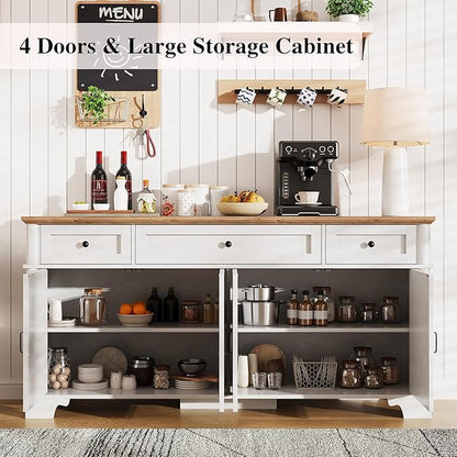 BestHaped 65 Inch Farmhouse Buffet Cabinet with Storage, White Sideboard Buffet Cabinet with Adjustable Shelves & 3 Drawers, Buffet Table Coffee Bar Wine Bar Storage for Kitchen & Living Room