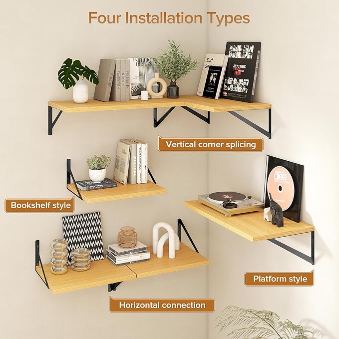 Acovy Deep Floating Shelves Wall Mounted, 24"x12" Oak Wall Shelves with Brackets Set of 2 for Bedroom, Living Room, Bathroom, Kitchen, Office - Storage & Display Shelf for Decor, Books, Plants