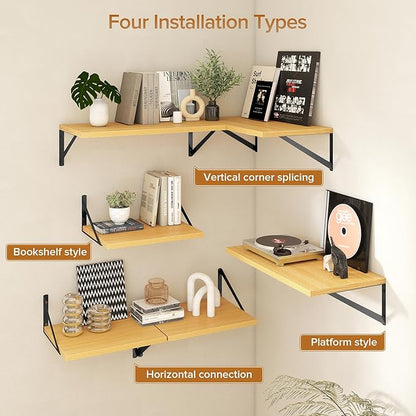 Acovy Deep Floating Shelves Wall Mounted, 24"x12" Oak Wall Shelves with Brackets Set of 2 for Bedroom, Living Room, Bathroom, Kitchen, Office - Storage & Display Shelf for Decor, Books, Plants