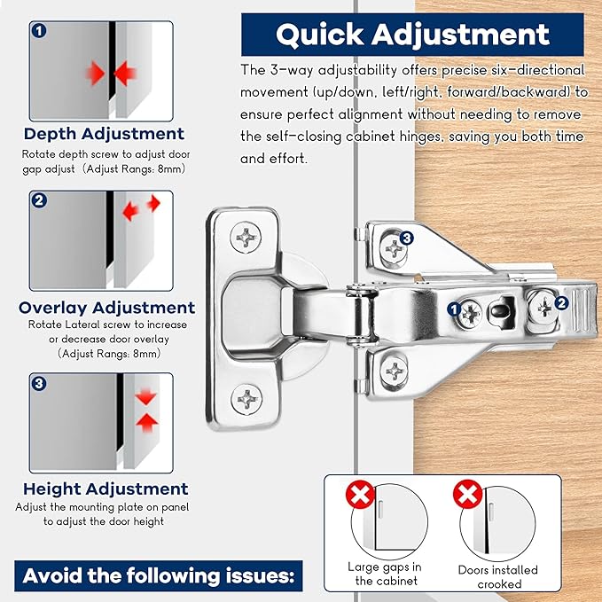 50 Pack 1/2'' Overlay Face Frame Soft Close Hidden Cabinet Hinges, 105 Degree 3D Adjustable Clip On Plate Concealed Kitchen Cupboard Door Hinges with Screws