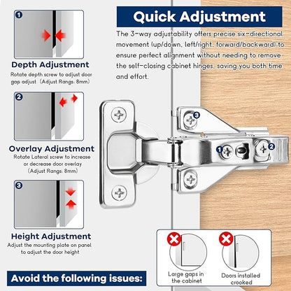 30 Pack 1/2'' Overlay Face Frame Soft Close Hidden Cabinet Hinges, 105 Degree 3D Adjustable Clip On Plate Concealed Kitchen Cupboard Door Hinges with Screws