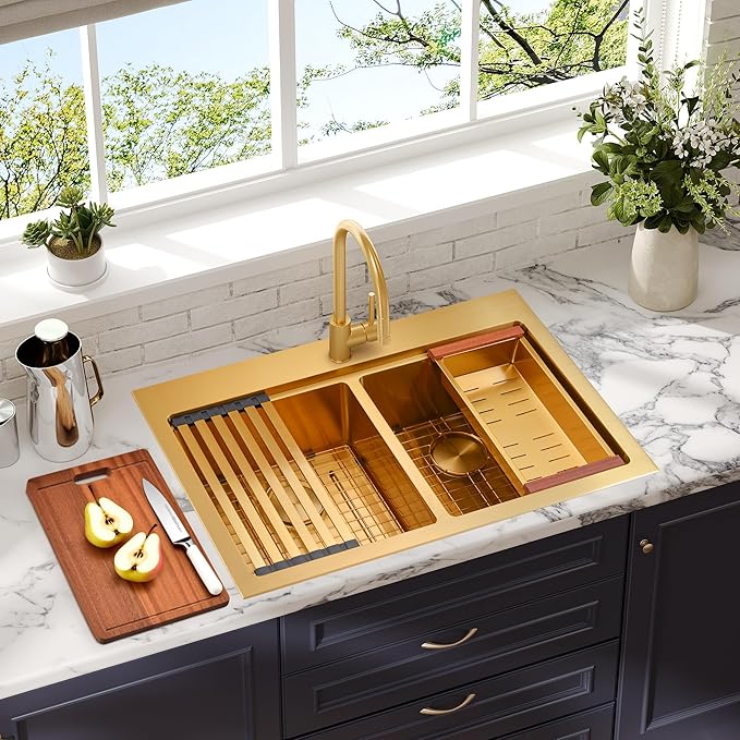 MILOSEN 33 Inch Gold Double Bowl Kitchen Sink, 33''x22'' Gold Workstation Sink 50/50 Topmount Double Basin with Accessories, Drop in 16 Gauge T304 Stainless Steel Sinks, 10'' Deep and Large Sinks