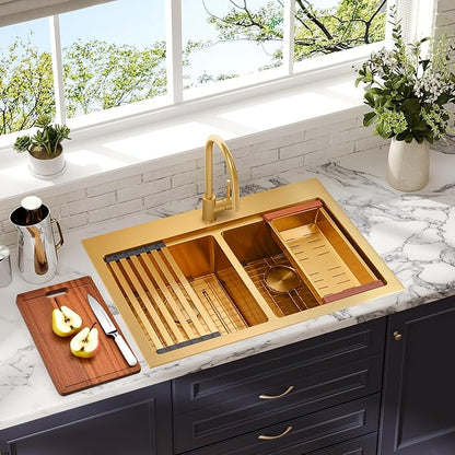 MILOSEN 33 Inch Gold Double Bowl Kitchen Sink, 33''x22'' Gold Workstation Sink 50/50 Topmount Double Basin with Accessories, Drop in 16 Gauge T304 Stainless Steel Sinks, 10'' Deep and Large Sinks