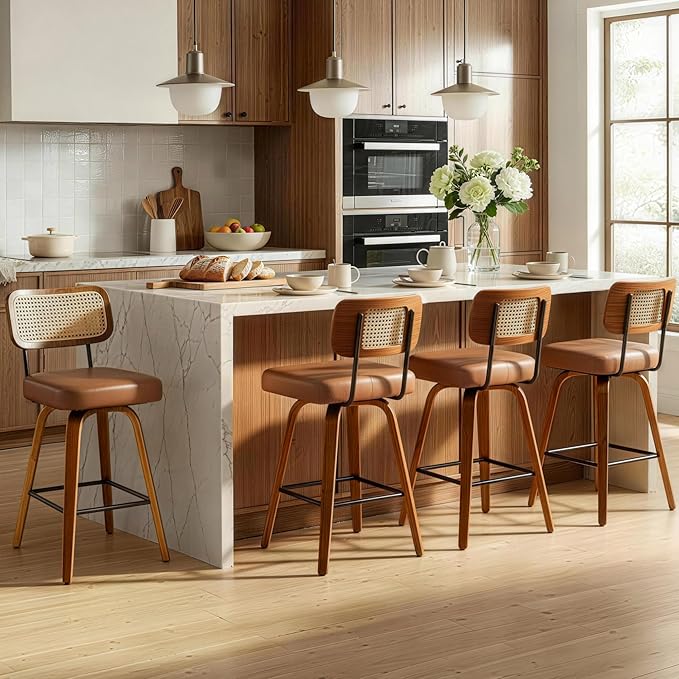 Swivel Bar Stools Set of 2, 26" Upholstered Counter Height Bar Stools with Rattan Back and Bent Walnut Wood Legs, Faux Leather Modern Barstools for Kitchen Island,Rattan Brown