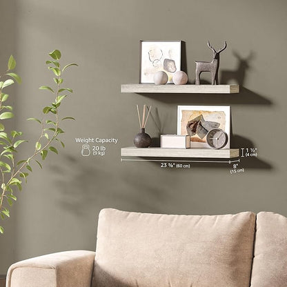 Ballucci Floating Shelves for Wall, 24" Wood Wall Shelf Set of 2, with Invisible Brackets for Bathroom, Living Room, Bedroom, Kitchen, Nursery, 8" Deep, Rustic Gray