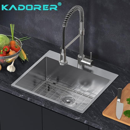 25 x 22 Inch Drop In Kitchen Sink, Single Bowl Kitchen Sink Topmount Prep Sink 18 Gauge Stainless Steel Kitchen Sink with Grid and Basket Strainer