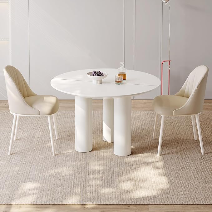 Miuuod 46" White Round Dining Table with 2 Cushion Chairs, with Space Saving Sturdy Leg for 2-6 People,Center Table Suitable Kitchen,Balcony or Living Room,Coffee Side Table