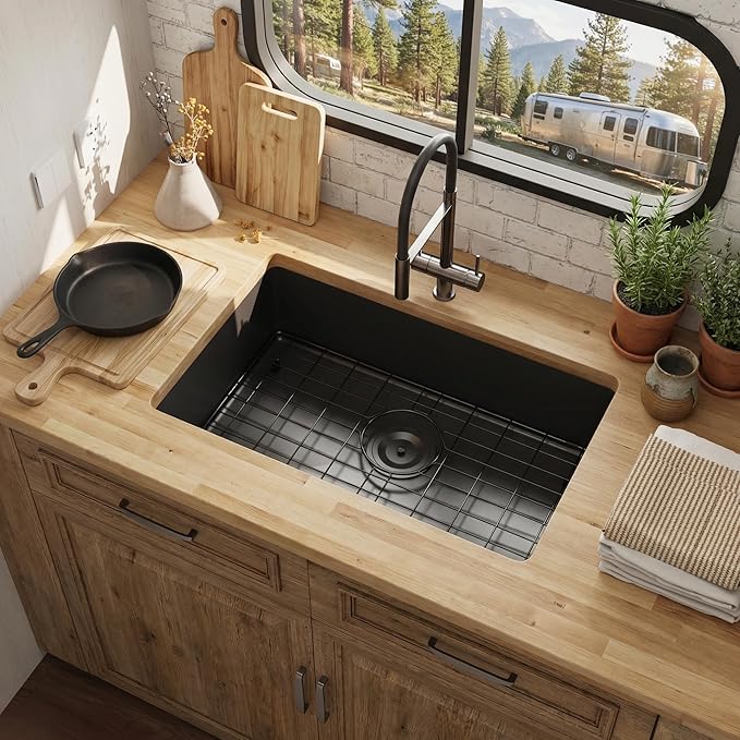 Kitsitchen Black RV Kitchen Sink, SUS304 Stainless Steel Undermount Kitchen Sinks, 23" x 16" x 7"Single Bowl Kitchen Sinks with Accessories,7 inch Depth for Outdoor Camper RV Sink