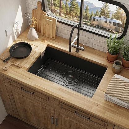 Kitsitchen Black RV Kitchen Sink, SUS304 Stainless Steel Undermount Kitchen Sinks, 23" x 16" x 7"Single Bowl Kitchen Sinks with Accessories,7 inch Depth for Outdoor Camper RV Sink