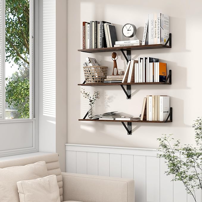 Axeman Floating Shelves for Wall, 8 Inch Deep Brown Wall Shelves Set of 2, 16''W x 8''D Rustic Brown Wood Shelves for Bookshelf Living Room Bedroom Home Office Bathroom