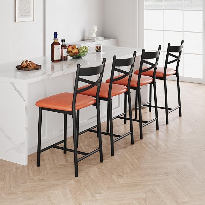 IDEALHOUSE 26" Counter Height Bar Stools Set of 4, Upholstered Bar Chairs with Back, Thick Cushion, Modern Counter Height Barstools for Kitchen Island, Apartment Counter, Dining Room Bar (4)