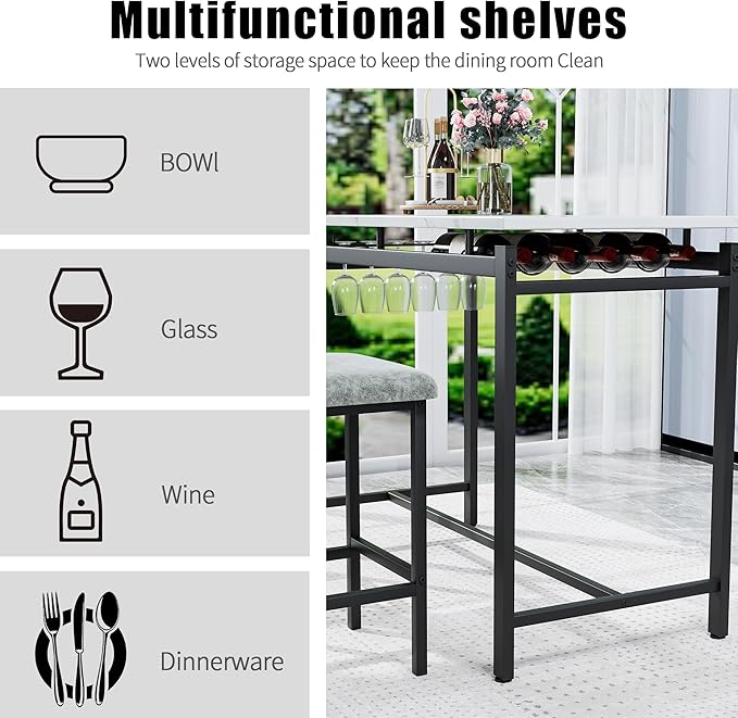 Modern Bar Height Table and Chairs Set - Compact Bar Table and Chairs for 2, Perfect as Small Kitchen Table, Kitchen Island with Seating, or Dining Table with Chairs (Gray)