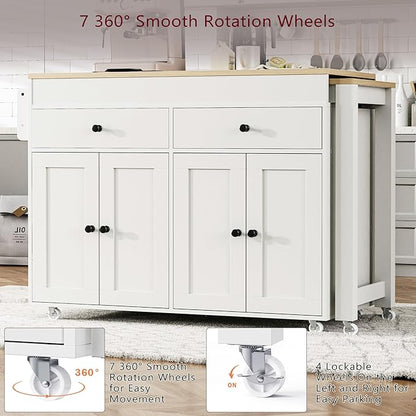 Modern Dining Table 74.5 Inch Kitchen Island with Extendable Table, Rolling Mobile Cart on Wheels with Spice Rack, 2 Drawers, 4 Door, Counter for Living Room,White-MDF