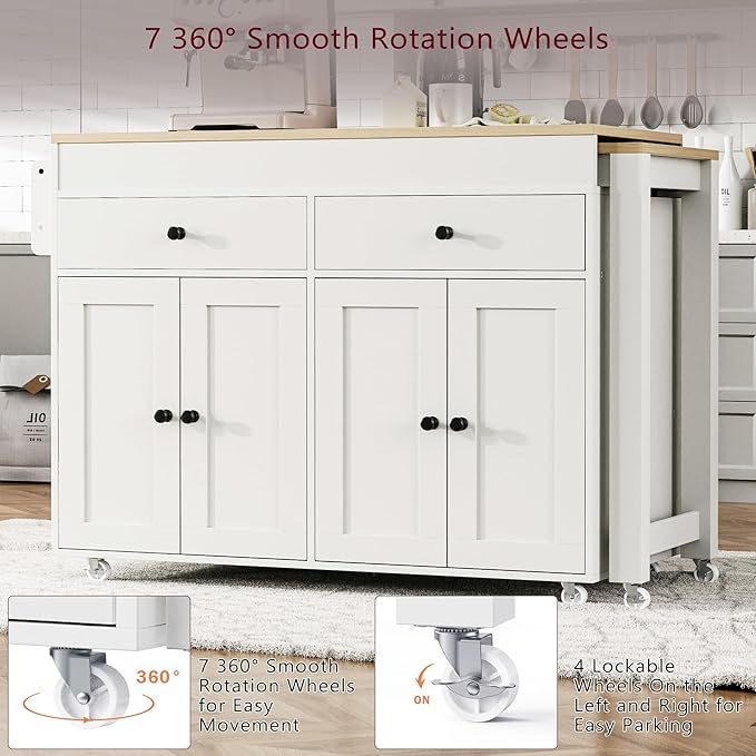 Polibi 74.5 Inch Kitchen Island with Extendable Dining Table, Rolling Storage Cart on Wheels, 2 Drawers & 4-Door Cabinet with Spice Rack, White