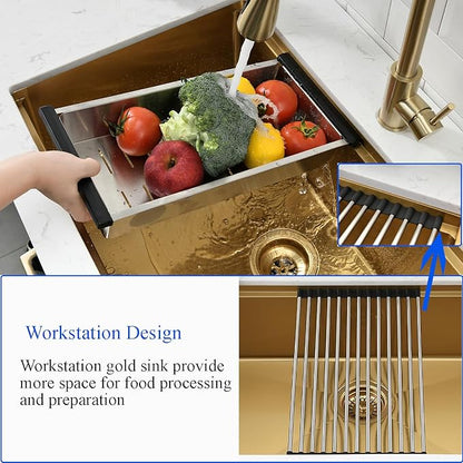 30 Inch Undermount Gold Kitchen Sink-Bokaiya Stainless Steel Undermount Workstation Sink 16 Gauge 10 Inch Deep Single Bowl Undermount Kichen Sink with Cutting Board