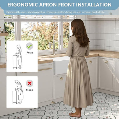 DeerValley Farmhouse Kitchen Sink 33 Inch, Fireclay White Undermount Kitchen Sink, Apron-Front, Large Deep Single Bowl with Bottom Grid & Strainer