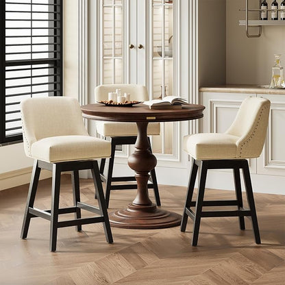 MALOL Swivel Bar Stools Set of 6, 27" Counter Height Kitchen Stools with Padded Seats and Solid Wood Legs, Upholstered Barstools for Kitchen Island, Breakfast Nook (Beige)